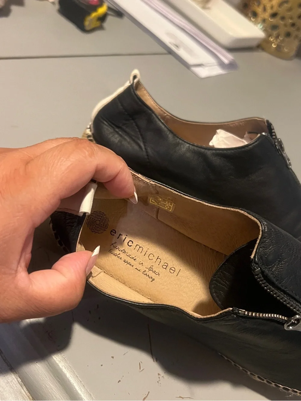 Eric Michael Black Leather-Look Espadrille Platform Slip-On with Front Zip
